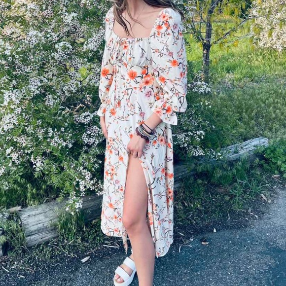 Boho Floral Print Puff Sleeve Split Thigh Cottagecore Dress - Picture 13 of 14